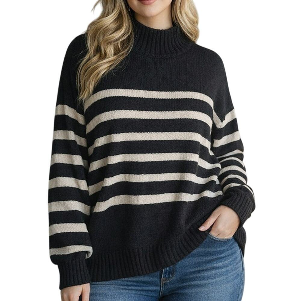 Knit Pullover Sweater Womens Large Black & White Striped Soft Winter Holiday